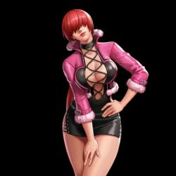 Rule 34 | 1girl, animated, black dress, bouncing breasts, breasts, cleavage, dress, hair over eyes, heart, jacket, large breasts, long hair, pink jacket, ponytail, red hair, shermie (kof), snk, tagme, the king of fighters, the king of fighters all-stars, the king of fighters xv, video