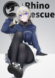 Rule 34 | 1girl, absurdres, android, antennae, arm support, blue coat, blue eyes, blurry, breasts, closed mouth, coat, depth of field, foreshortening, gloves, glowing, glowing eyes, hair between eyes, hand in own hair, head tilt, headset, highres, hood, hooded coat, knees up, long hair, looking at viewer, medium breasts, miniskirt, mr.blackcat666, original, pantyhose, shoes, simple background, sitting, skirt, sneakers, solo