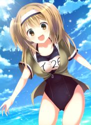 Rule 34 | 10s, 1girl, :d, ari (ariburo), breasts, brown eyes, clothes writing, cloud, day, hairband, highres, i-26 (kancolle), jacket, jacket over swimsuit, kantai collection, large breasts, light brown hair, long hair, name tag, new school swimsuit, ocean, one-piece swimsuit, open clothes, open mouth, sailor collar, school swimsuit, short sleeves, smile, solo, sunlight, swimsuit, two-tone hairband, two side up, water