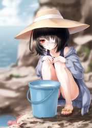 Rule 34 | 10s, 1girl, another, black hair, blurry, bucket, daizo, depth of field, eyepatch, futsuka (dzone), hands on own knees, hat, highres, misaki mei, octopus, one-piece swimsuit, red eyes, sandals, school swimsuit, short hair, solo, squatting, sun hat, swimsuit, toes