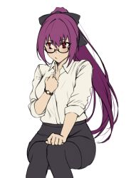 Rule 34 | 1girl, absurdres, bow, breasts, contemporary, fate/grand order, fate (series), glasses, hair between eyes, hair bow, highres, hiro (hirohiro gorira), long hair, pantyhose, ponytail, purple hair, red eyes, scathach (fate), simple background, sitting, skirt, solo, watch, white background
