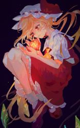 Rule 34 | 1girl, blonde hair, chinese lantern (plant), crystal, fetal position, flandre scarlet, full body, hat, highres, isshin (kaxz), long hair, mob cap, neckerchief, red eyes, side ponytail, skirt, solo, touhou, white hat, wings