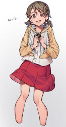 Rule 34 | 1girl, @ @, black ribbon, blouse, brown eyes, brown hair, brown jacket, clenched hands, commentary, cropped legs, drill hair, earrings, female focus, flat chest, frown, gradient background, grey background, hair ornament, highres, hood, hooded jacket, idolmaster, idolmaster cinderella girls, jacket, jewelry, long sleeves, looking at viewer, medium hair, medium skirt, morikubo nono, neck ribbon, no feet, open mouth, pleated skirt, red skirt, ribbon, roivas, romaji commentary, shirt, skirt, solo, standing, sweatdrop, translated, white shirt