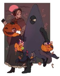 Rule 34 | 1boy, 1girl, bloodborne, blue eyes, bonnet, boots, candy, candy cane, cloak, cloud, cloudy sky, coat, costume, doll joints, donar0217, dress, flower, food, gloves, halloween, halloween bucket, halloween costume, hat, holding, hunter (bloodborne), jack-o&#039;-lantern, jewelry, joints, lollipop, mask, moon, mouth mask, patch, plain doll, rose, saw, saw cleaver, short hair, sky, standing, swept bangs, symbol, walking, weapon, white hair