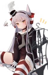 1girl amatsukaze_(kancolle) amatsukaze_kai_ni_(kancolle) bikini black_choker black_dress blush choker closed_mouth commentary_request dress gloves grey_neckerchief hair_tubes heart highres kantai_collection long_hair long_sleeves micro_bikini neckerchief orange_eyes sailor_collar sailor_dress short_dress simple_background single_glove sitting smoke solo squiggle striped_clothes striped_thighhighs swimsuit thighhighs two_side_up unworn_bikini white_background white_sailor_collar zetsuriinu_(kairyougata)