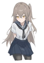 Rule 34 | 1girl, absurdres, alternate costume, bad id, bad twitter id, black pantyhose, blue skirt, closed mouth, commentary request, cowboy shot, cropped legs, fuku00, girls&#039; frontline, grey hair, hair between eyes, highres, long hair, one side up, pantyhose, pleated skirt, sailor collar, scar, scar across eye, scar on face, shirt, simple background, skirt, smile, solo, ump45 (girls&#039; frontline), white background, white shirt, yellow eyes