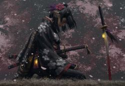 Rule 34 | 1girl, absurdres, black hair, black kimono, blood, breasts, closed eyes, closed mouth, day, floral print, flower, from side, full body, glowing, guweiz, hair bun, hair flower, hair ornament, highres, japanese clothes, katana, kimono, long sleeves, obi, on grass, original, outdoors, petals, planted, planted sword, planted weapon, print kimono, red flower, sash, sheath, sheathed, sidelocks, single hair bun, small breasts, solo, sword, unsheathed, weapon, wide sleeves