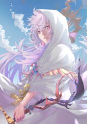 Rule 34 | 1boy, bad id, bad pixiv id, bishounen, fate/grand order, fate (series), highres, light purple hair, lips, long hair, looking at viewer, male focus, merlin (fate/stay night), purple eyes, sasaki tamao, smile, solo, white hair