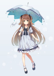 Rule 34 | 1girl, bad id, bad pixiv id, black footwear, black ribbon, blue background, blue bow, blue dress, blue umbrella, bow, brown hair, closed mouth, collarbone, commentary request, dress, frilled umbrella, frills, full body, green eyes, hair ribbon, highres, holding, holding umbrella, long hair, looking at viewer, mary janes, original, puffy short sleeves, puffy sleeves, ribbon, rupinesu, shoes, short sleeves, signature, smile, solo, striped clothes, striped dress, two side up, umbrella, vertical-striped clothes, vertical-striped dress, very long hair