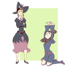 Rule 34 | &gt;:(, 10s, 1girl, 2girls, age difference, animated, animated gif, apologizing, belt, boots, bowing, brown hair, character request, crossed arms, closed eyes, frown, hat, kagari atsuko, kneeling, little witch academia, long hair, multiple girls, no headwear, no headwear, official art, school uniform, sidelocks, simple background, v-shaped eyebrows, white background, witch, witch hat