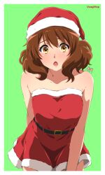 Rule 34 | 1girl, arm behind back, artist name, bare shoulders, belt, blush, brown eyes, brown hair, collarbone, commentary request, cowboy shot, dress, fur-trimmed dress, fur trim, green background, hat, hibike! euphonium, highres, leaning forward, looking at viewer, open mouth, oumae kumiko, red dress, red hat, santa dress, santa hat, short dress, short hair, simple background, solo, standing, strapless, strapless dress, usagihop, wavy hair