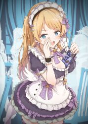 Rule 34 | 1girl, absurdres, apron, blonde hair, blue eyes, bow, breasts, cleavage cutout, clothing cutout, commentary request, dars, dress, frilled dress, frills, hachimiya meguru, hair bow, highres, idolmaster, idolmaster shiny colors, large breasts, long hair, looking at viewer, maid, maid apron, maid headdress, puffy short sleeves, puffy sleeves, short sleeves, shuiro (frog-16), solo, two side up, wrist cuffs
