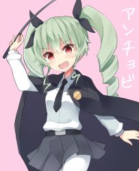 Rule 34 | 10s, 1girl, anchovy (girls und panzer), anzio school uniform, belt, black necktie, black ribbon, black skirt, cape, character name, cowboy shot, dress shirt, drill hair, emblem, girls und panzer, green hair, hair ribbon, holding, holding riding crop, long hair, long sleeves, looking at viewer, miniskirt, necktie, open mouth, pantyhose, pink background, pleated skirt, red eyes, ribbon, riding crop, school uniform, shirt, shuuichi (gothics), simple background, skirt, smile, solo, standing, translated, twin drills, twintails, white pantyhose, white shirt