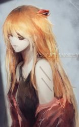 Rule 34 | 1girl, bare shoulders, character name, commentary, eyepatch, gradient hair, hair ornament, jacket, long hair, looking at viewer, marumoru, multicolored hair, neon genesis evangelion, open clothes, open jacket, orange hair, red jacket, shirt, signature, sleeveless, sleeveless shirt, smile, solo, souryuu asuka langley, upper body