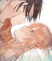 Rule 34 | 1boy, 1girl, absurdres, asuna (sao), bad id, bad pixiv id, black eyes, black hair, blonde hair, blush, braid, brown eyes, eye contact, french braid, from side, hand in another&#039;s hair, hetero, highres, imminent kiss, kirito, long hair, looking at another, parted lips, pillow, portrait, riko201008, short hair, simple background, sword art online, white background