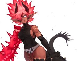 Rule 34 | 1girl, absurdres, borrowed character, breasts, commentary, cowboy shot, dark-skinned female, dark skin, demon girl, demon horns, demon tail, elbow gloves, english commentary, frown, gloves, hair over one eye, highres, horns, long tail, medium breasts, monster girl, original, pelvic curtain, pointy ears, red eyes, red hair, sideboob, signature, single elbow glove, sleeveless, sleeveless turtleneck, snoozincopter, solo, tail, thick thighs, thighhighs, thighs, toned, turtleneck, twitter username
