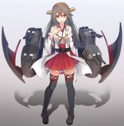 Rule 34 | 10s, 1girl, bare shoulders, black hair, black thighhighs, blurry, commentary request, cuon (kuon), detached sleeves, dress, full body, hair ornament, hairclip, hand on own chest, haruna (kancolle), headband, kantai collection, long hair, looking at viewer, machinery, mecha musume, nontraditional miko, orange eyes, pleated dress, shadow, simple background, solo, standing, thighhighs