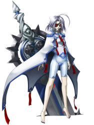 Rule 34 | 1girl, ahoge, android, arc system works, barefoot, blazblue, blazblue: calamity trigger, blue nails, bridal gauntlets, cape, eyepatch, feet, flat chest, frown, full body, huge weapon, legs, mori toshimichi, nail polish, nu-13, official art, ofuda, pale skin, red eyes, short hair, silver hair, simple background, solo, standing, statue, sword, tiptoes, toenail polish, toenails, unitard, weapon