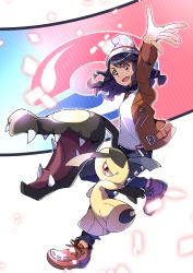 Rule 34 | 1girl, absurdres, alternate costume, alternate eye color, alternate hairstyle, black hair, brown footwear, brown jacket, commentary request, creatures (company), eyelashes, game freak, gen 3 pokemon, gloria (pokemon), grey headwear, hat, highres, jacket, long sleeves, mawile, nintendo, open mouth, outstretched arm, pants, pink eyes, pokemon, pokemon (creature), pokemon swsh, pon yui, shirt, shoes, smile, spread fingers, swept bangs, tongue, white shirt