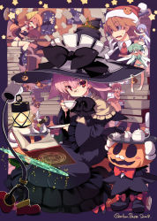 Rule 34 | 1boy, 5girls, book, crown, cup, dated, fairy, food, glasses, hat, highres, long hair, magic circle, mini person, minigirl, multiple girls, original, pink hair, pocky, red eyes, size difference, sugar cube, sumaki shungo, teacup, teapot, tray, witch hat