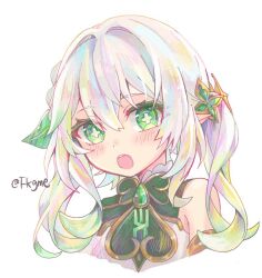 1girl :o bare_shoulders blush commentary_request cropped_torso gem genshin_impact gold_trim gradient_hair green_eyes green_gemstone green_hair hair_between_eyes hair_ornament kato_(fkgme) leaf_hair_ornament long_hair looking_at_viewer multicolored_hair nahida_(genshin_impact) open_mouth pointy_ears simple_background sleeveless solo symbol-shaped_pupils twitter_username white_background white_hair