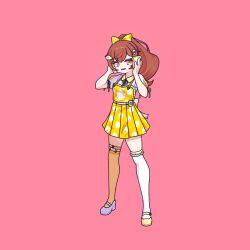 Rule 34 | 1girl, bread, brown hair, cross (vgne4542), egg, food, highres, pink background, ponytail, ribbon, simple background, solo, tears