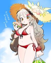 Rule 34 | 1girl, bikini, blue archive, blue background, blue sky, blush, breasts, brown eyes, cleavage, closed mouth, day, eating, flower, food, fruit, grey hair, hat, hat flower, highres, horns, izumi (blue archive), kokaki mumose, large breasts, looking at viewer, medium breasts, navel, o-ring, o-ring bikini, outdoors, plump, red bikini, red nails, side-tie bikini bottom, sky, solo, swimsuit, thick thighs, thighs, watermelon, watermelon slice, yellow hat