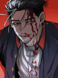 Rule 34 | 1boy, :q, black eyes, black hair, bleeding, blood, blood on clothes, blood on face, blue jacket, buttons, collared jacket, collared shirt, facial hair, goatee, golden kamuy, hair slicked back, hair strand, highres, jacket, licking lips, looking at viewer, male focus, ogata hyakunosuke, open clothes, open jacket, open mouth, red background, shirt, signature, simple background, solo, teeth, tongue, tongue out, undercut, upper body, white shirt, zeta (ace 343)
