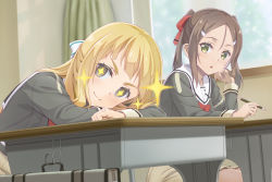 Rule 34 | + +, 10s, 2girls, blonde hair, blush, bow, briefcase, brown eyes, brown hair, classroom, closed mouth, curtains, day, desk, dutch angle, green eyes, hair bow, hair ornament, hairclip, half updo, head tilt, holding, holding pencil, indoors, long hair, long sleeves, looking at another, looking at viewer, mechanical pencil, miyoshi karin, multiple girls, nogi sonoko, okutagon, parted bangs, parted lips, pencil, red bow, school, school briefcase, school desk, school uniform, serafuku, sitting, smile, sparkle, striped, striped bow, sweatdrop, twintails, white bow, window, yuuki yuuna wa yuusha de aru, yuusha de aru