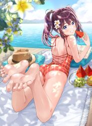 Rule 34 | 1girl, ass, backless swimsuit, bare arms, bare back, bare shoulders, barefoot, beach mat, blue sky, blurry, blurry foreground, blush, book, branch, breasts, brown hair, casual one-piece swimsuit, cloud, cloudy sky, commentary, crossed bangs, cushion, dappled sunlight, day, english commentary, feet, feet up, flower, food, foreshortening, fruit, grapes, grin, hair between eyes, hair flower, hair ornament, hat, highres, holding, holding food, large breasts, legs, long hair, looking at viewer, looking back, lying, matsuzaki miyuki, mountainous horizon, ocean, on back, on stomach, one-piece swimsuit, open book, orange (fruit), original, outdoors, plaid, plaid swimsuit, purple eyes, sideboob, sky, smile, soles, solo, spaghetti strap, sunlight, swimsuit, the pose, toes, twintails, water, watermelon, watermelon slice, white flower