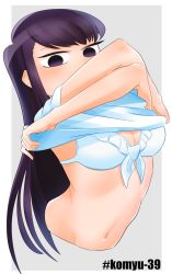 Rule 34 | 1girl, absurdres, arched back, arms up, bikini, bikini under clothes, bottomless, breasts, cleavage, commentary request, covered mouth, cropped torso, front-tie bikini top, front-tie top, grey background, highres, hip focus, komi-san wa komyushou desu, komi shouko, lecca aisu, long hair, looking at viewer, navel, outside border, purple background, purple eyes, purple hair, ribs, simple background, solo, swimsuit, undressing