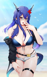 Rule 34 | 1girl, absurdres, arknights, artist request, beach, belt, bikini, blue-tinted eyewear, blue-tinted glasses, blue hair, blue sky, blush, breasts, ch&#039;en (arknights), ch&#039;en the holungday (arknights), cleavage, dragon horns, dragon tail, female focus, fingernails, flower, flower on head, hair between eyes, hair ornament, highres, horns, jacket, large breasts, long hair, looking at viewer, nail polish, navel, ocean, off shoulder, open mouth, outdoors, pink nails, red eyes, short shorts, shorts, sky, solo, standing, sunglasses, swimsuit, tagme, tail, thighs, tinted eyewear, water, wet, white shorts