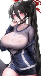 Rule 34 | 1girl, black choker, black hair, black wings, blue archive, blue jacket, blue shorts, blush, breasts, choker, commentary, cowboy shot, gym shirt, gym shorts, gym uniform, hair between eyes, halo, hand on own cheek, hand on own face, hand up, hanna (hn000000), hasumi (blue archive), hasumi (track) (blue archive), highres, huge breasts, jacket, jacket partially removed, large breasts, long hair, long sleeves, low wings, mole, mole under eye, official alternate costume, parted lips, partially unzipped, ponytail, red eyes, revision, shirt, short sleeves, shorts, simple background, solo, sweat, track jacket, very long hair, white background, white shirt, white stripes, wings