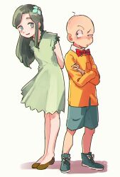 Rule 34 | 1boy, 1girl, arms behind back, bald, blue eyes, blue flower, blue footwear, blue shorts, blush, bow, bowtie, brown eyes, brown footwear, chibita, crossed arms, curtained hair, dress, flower, flower fairy (osomatsu-kun), funabara, green dress, green hair, hair flower, hair ornament, highres, leaning forward, long hair, long sleeves, looking at another, open mouth, osomatsu-san, red bow, red bowtie, shirt, shorts, smile, yellow shirt