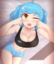 Rule 34 | 1girl, :o, absurdres, ahoge, bare shoulders, blue hair, blue shorts, blush, brand name imitation, breasts, cleavage, collarbone, english text, hair ornament, hairclip, highres, ii (peps art), large breasts, light blue hair, looking at viewer, lying, navel, navel piercing, on bed, one eye closed, orange hair, original, peps art, piercing, short shorts, short twintails, shorts, sidelocks, sitting, solo, sports bra, swept bangs, thigh gap, twintails, v