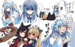 Rule 34 | ..., 4girls, ^^^, ahoge, animal ear fluff, animal ears, bear, bell, beret, black gloves, black hair, black shirt, blonde hair, blouse, blue bow, blue coat, blue dress, blue hair, blue skirt, blush, bottle, bow, bowtie, box, braid, breasts, cape, cardboard box, carrying, carrying under arm, cleavage cutout, closed eyes, closed mouth, clothing cutout, coat, collared shirt, commentary, crying, crying with eyes open, daifuku (yukihana lamy), dark-skinned female, dark skin, detached sleeves, dress, empty eyes, expressionless, fang, flower, fur-trimmed coat, fur trim, gloves, hair between eyes, hair bow, hair flower, hair ornament, hat, heart, heart ahoge, highres, holding, holding bottle, hololive, horns, in box, in container, kouhaku nawa, light blue hair, long hair, looking at viewer, lying, medium breasts, miniskirt, multicolored hair, multiple girls, multiple views, nitumaruta, notice lines, off shoulder, on side, ookami mio, ookami mio (1st costume), open clothes, open coat, open mouth, orange eyes, pink cape, plaid neckwear, pointy ears, polar bear, ponytail, pout, red eyes, red hair, rope, sailor collar, sake bottle, shaded face, sheep ears, sheep horns, shimenawa, shiranui flare, shiranui flare (old design), shirt, side braid, simple background, skirt, sleeping, smile, speech bubble, spoken ellipsis, staring, streaked hair, sweatdrop, tears, tsunomaki watame, tsunomaki watame (1st costume), two-tone hair, virtual youtuber, wavy mouth, white background, white dress, white flower, white hair, white shirt, wide sleeves, wolf ears, yellow eyes, yukihana lamy, yukihana lamy (1st costume)