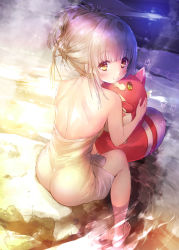 Rule 34 | 1girl, ass, bare arms, bare shoulders, blush, brown eyes, closed mouth, commentary request, ek masato, hoshi tanuki (shironeko project), looking at viewer, looking back, loussier ellerensia, mini wings, naked towel, rock, shironeko project, sidelocks, sitting, smile, soaking feet, star (symbol), towel, water, white wings, wings
