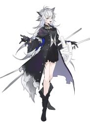 Rule 34 | 1girl, absurdres, animal ears, arknights, black coat, black dress, black footwear, black gloves, boots, breasts, coat, commentary, dress, gloves, gradient background, grey eyes, grey hair, hand up, highres, knee boots, lappland (arknights), lappland (refined horrormare) (arknights), long hair, looking at viewer, material growth, open clothes, open coat, open mouth, oripathy lesion (arknights), simple background, small breasts, smile, solo, tail, vest, white background, white vest, wolf ears, wolf girl, wolf tail, yakota (usuk-yako)