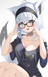 Rule 34 | 1girl, absurdres, animal ears, aqua eyes, glasses, highres, hololive, looking at viewer, open mouth, shirakami fubuki, short sleeves, simple background, smile, solo, torakichi 888, virtual youtuber, wolf ears