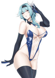 Rule 34 | 1girl, absurdres, bare shoulders, black hairband, black thighhighs, blue hair, blush, breasts, cleavage, deroo, detached collar, eula (genshin impact), genshin impact, hairband, highres, large breasts, leotard, looking at viewer, medium hair, playboy bunny, purple eyes, simple background, solo, thighhighs, thighs, white background