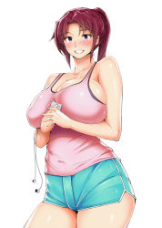 Rule 34 | 1girl, :d, ao madoushi, arms under breasts, bare shoulders, blue shorts, blush, breasts, cellphone, covered erect nipples, earbuds, earphones, highres, holding, holding phone, large breasts, looking at viewer, open mouth, original, phone, pink shirt, ponytail, red hair, shirt, short shorts, shorts, smile, solo, standing, sweat, sweatdrop, tank top