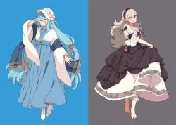 Rule 34 | 2girls, ai-wa, azura (fire emblem), barefoot, black headband, black ribbon, blue background, blue hair, blush, breasts, cleavage, corrin (female) (fire emblem), corrin (fire emblem), dress, european clothes, fire emblem, fire emblem fates, fire emblem heroes, grey background, grey hair, hat, headband, high heels, japanese clothes, jewelry, kimono, long hair, looking at viewer, multicolored background, multiple girls, nintendo, open mouth, pointy ears, red eyes, ribbon, very long hair, yellow eyes