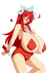 Rule 34 | 1girl, aeon708, ahoge, bare shoulders, breasts, breasts out, female focus, gigantic breasts, hair ornament, huge breasts, long hair, open mouth, original, pasties, rabbit tail, red eyes, red hair, simple background, solo, standing, tail, white background