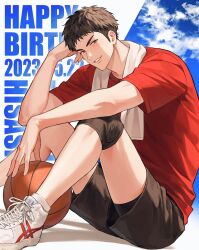 Rule 34 | 1boy, basketball, black eyes, black hair, black shorts, character name, dated, full body, grin, happy birthday, highres, looking at viewer, male focus, mitsui hisashi, red shirt, shirt, shoes, short hair, short sleeves, shorts, slam dunk (series), smile, sneakers, solo, teeth, towel, towel around neck, umeta sd, v-shaped eyebrows, white footwear