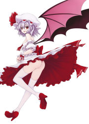 Rule 34 | 1girl, ass, bare shoulders, bat wings, blue hair, breasts, dress, fangs, female focus, flat chest, full body, hat, high heels, highres, legs, light purple hair, looking at viewer, nail polish, nipples, no panties, open clothes, open mouth, purple hair, red eyes, red footwear, red nails, remilia scarlet, shoes, short hair, simple background, slit pupils, smile, solo, thighhighs, touhou, upskirt, utakata (kochou no yume), white thighhighs, wings