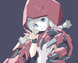 Rule 34 | 1girl, blonde hair, blue eyes, bodysuit, braid, breasts, chaos &amp; pretty little red, claws, covered navel, extra arms, grey background, highres, ishiyumi, mecha musume, mechanical arms, medium hair, megami device, small breasts, smile, solo, twin braids, v, white bodysuit