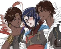 3boys alcryst_(fire_emblem) blue_hair blush brown_hair dark-skinned_male dark_skin fire_emblem fire_emblem_engage fogado_(fire_emblem) highres kaikakaze looking_at_another multiple_boys nintendo one_eye_closed open_mouth yaoi