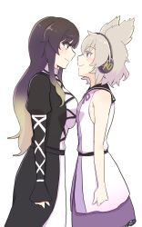 Rule 34 | 2girls, asymmetrical docking, black sailor collar, blush, breast press, breasts, closed mouth, commentary request, cross-laced clothes, dress, earmuffs, from side, gradient hair, height difference, highres, hijiri byakuren, large breasts, layered dress, long hair, long sleeves, looking at another, momitoekk, multicolored hair, multiple girls, pointy hair, purple hair, sailor collar, sidelocks, simple background, sleeveless, small breasts, smile, touhou, toyosatomimi no miko, white background, yellow eyes