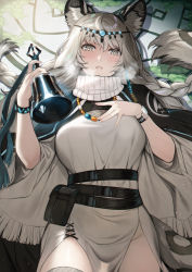 Rule 34 | 1girl, animal ear fluff, animal ears, arknights, bead necklace, beads, bell, belt, black belt, blush, braid, breasts, breath, commentary request, cowboy shot, deras, dress, grey eyes, hair between eyes, hand on own chest, hands up, head chain, highres, holding, holding bell, jewelry, large breasts, leopard ears, leopard tail, long hair, looking at viewer, necklace, parted lips, pouch, pramanix (arknights), silver hair, solo, tail, turtleneck, turtleneck dress, twin braids, white dress