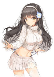 Rule 34 | 1girl, black hair, blush, breasts, casual, closed mouth, clothes lift, commentary request, contrapposto, cowboy shot, dduck kong, flower, girls&#039; frontline, groin, hair flower, hair ornament, hairband, highres, large breasts, long hair, looking at viewer, midriff, navel, panty tug, pleated skirt, ribbed sweater, sidelocks, simple background, skirt, smile, solo, standing, stomach, sweater, sweater lift, thighhighs, turtleneck, turtleneck sweater, type 95 (girls&#039; frontline), very long hair, white background, white hairband, white skirt, white sweater, white thighhighs, yellow eyes, zettai ryouiki